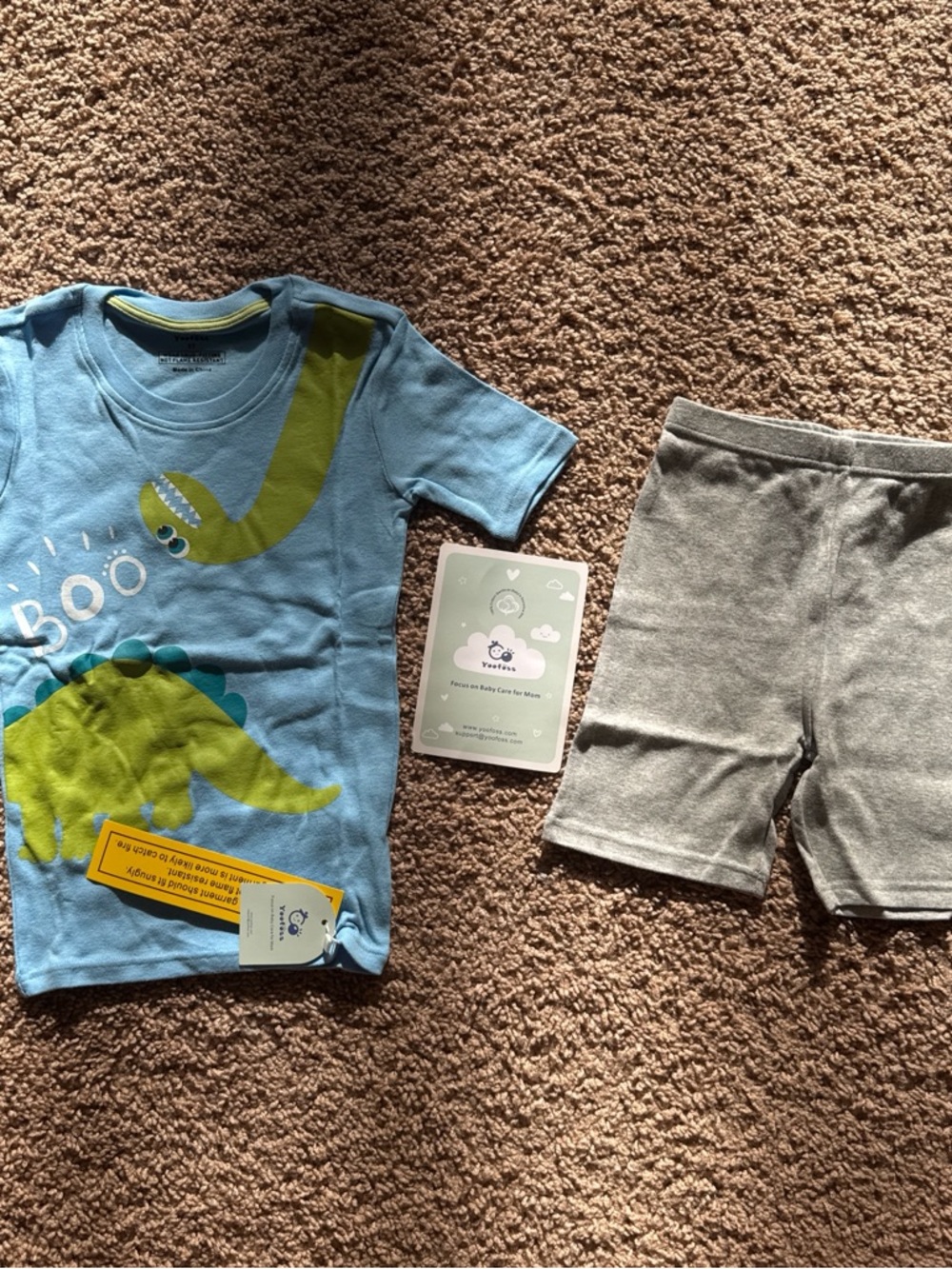 Blue & Green Dino Kids Matching Set - Short Sleeve Tee and Gray Shorts